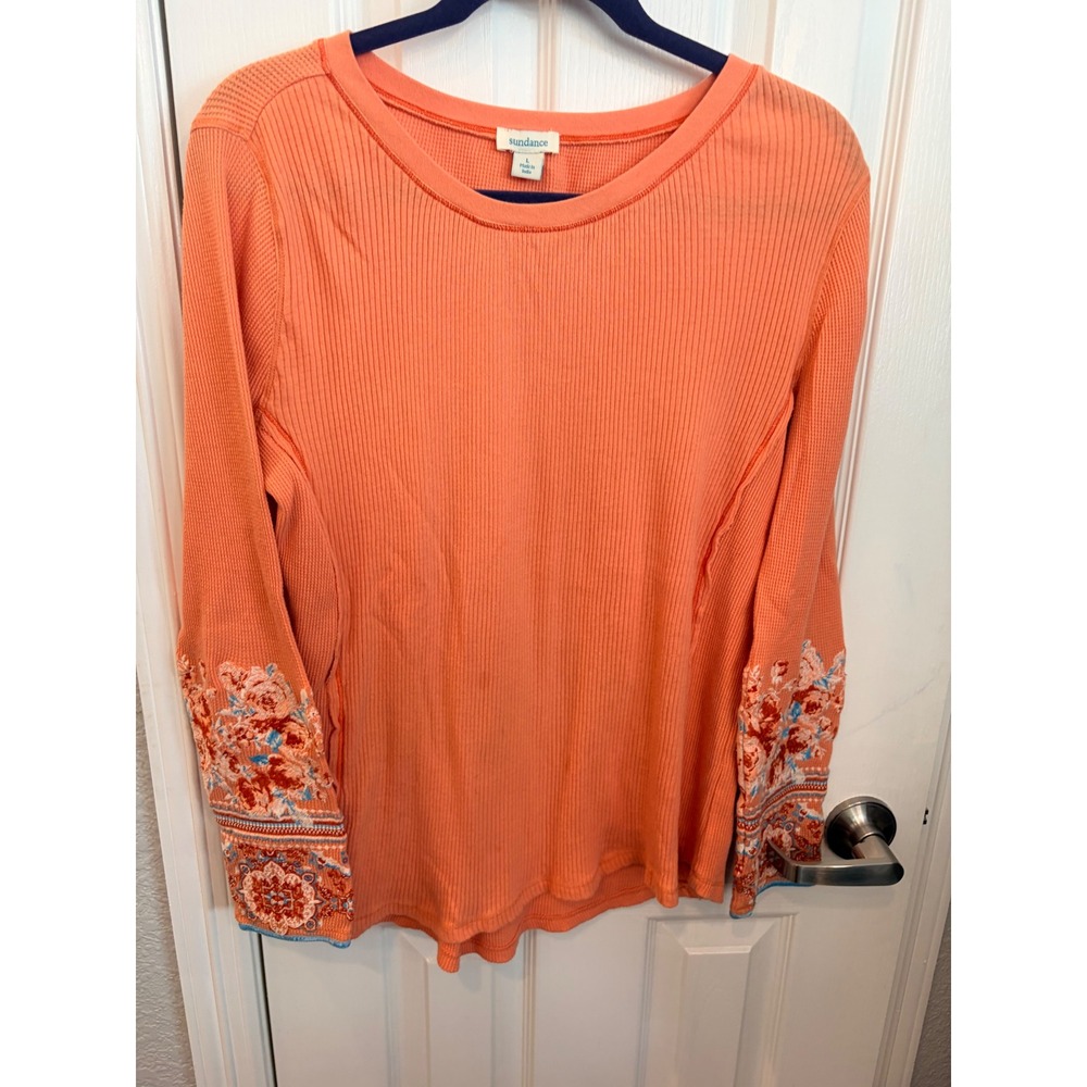 Sundance Thermal Top Orange Floral Embroidered Sleeve Waffle Knit Boho Shirt